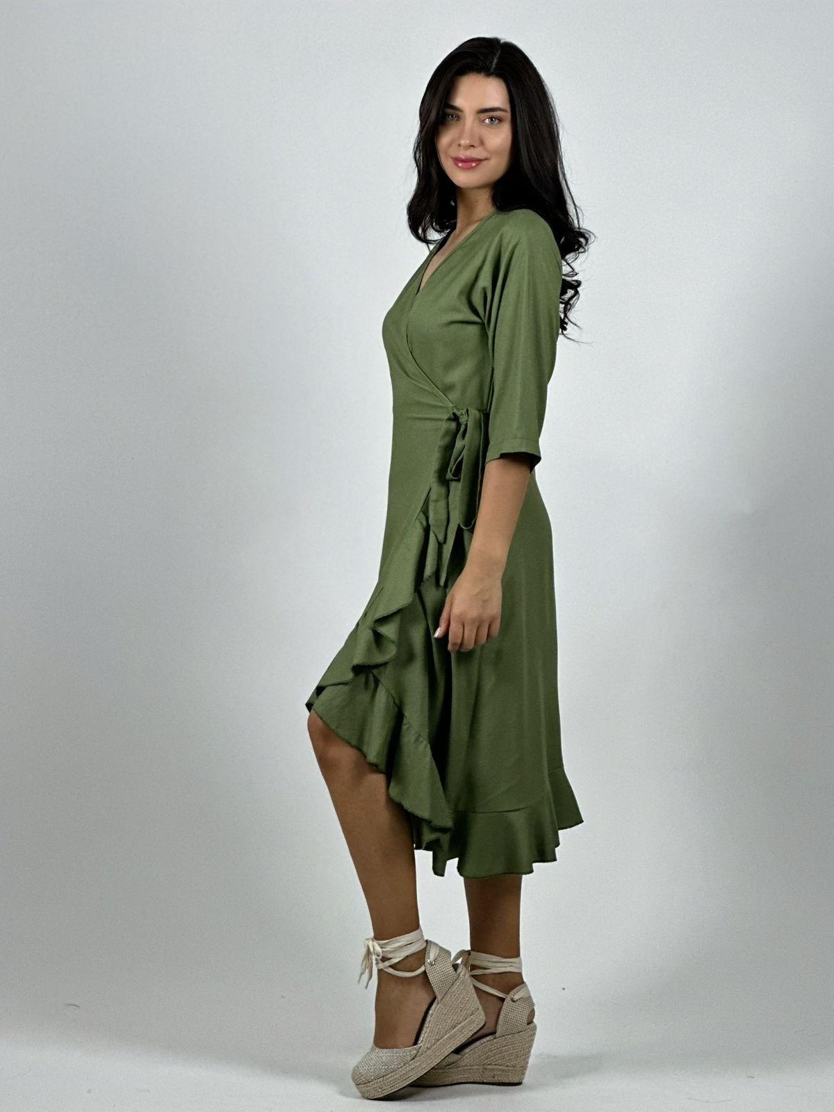 Vestido Lino Amarre Cruzado Con Vuelos