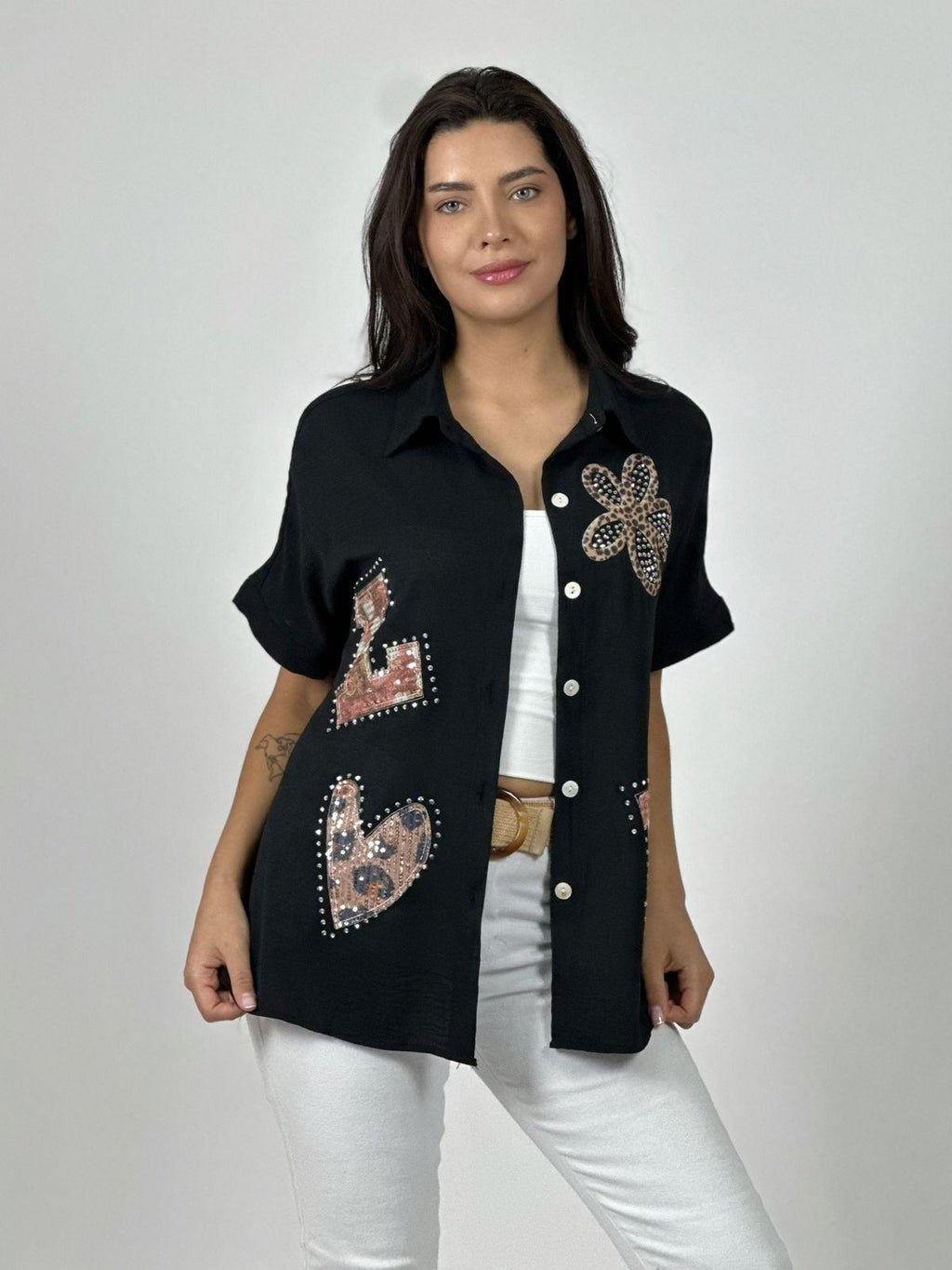 Blusa Crepé Love Print Chic con Brillos