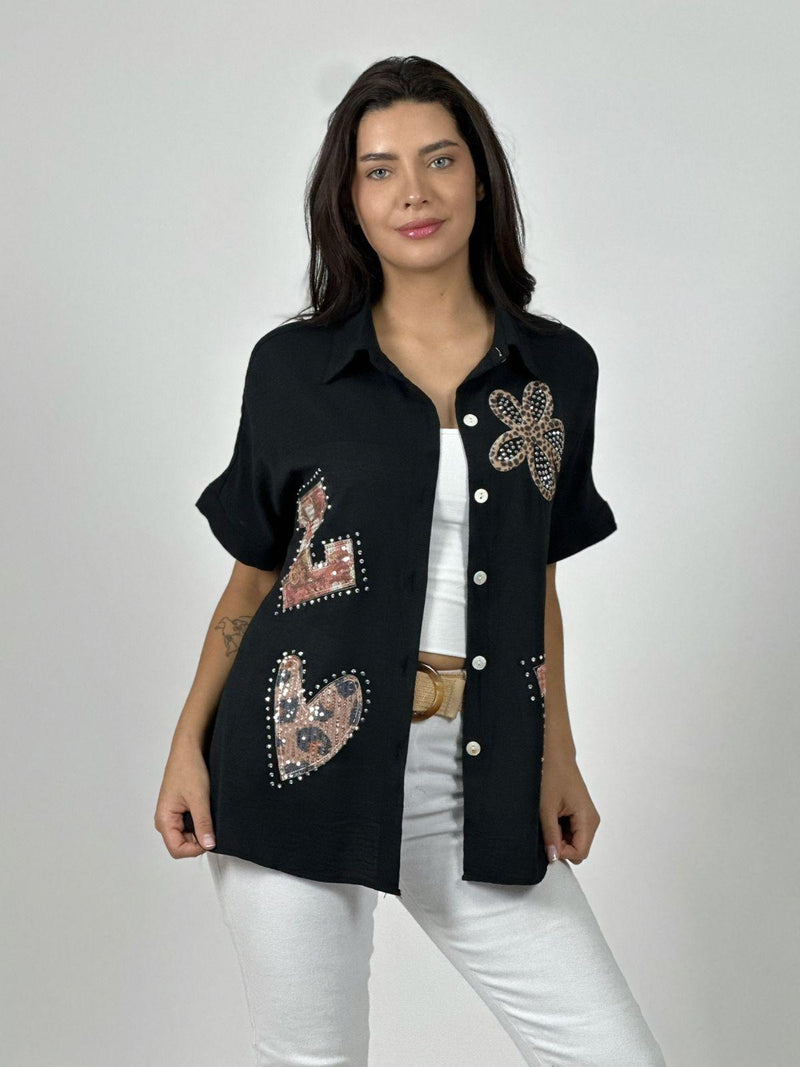 Blusa Crepé Love Print Chic con Brillos