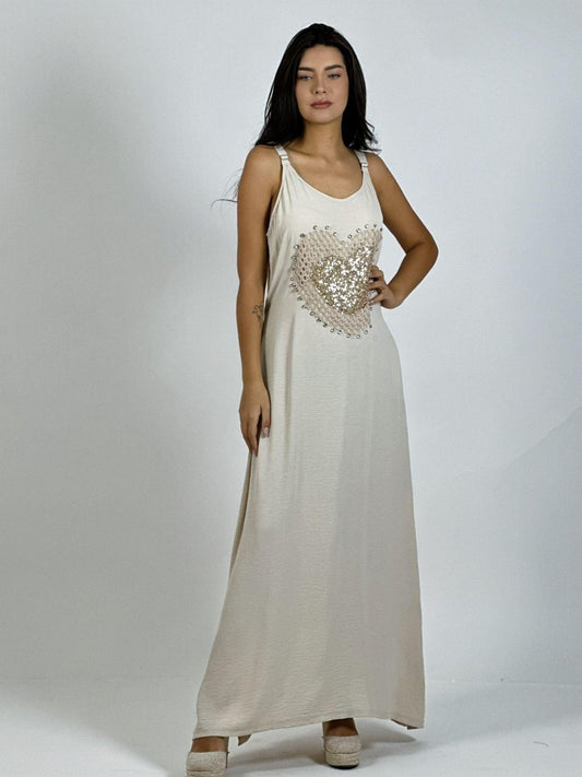 Vestido Lino Corazón Doble Tejido y Brillos