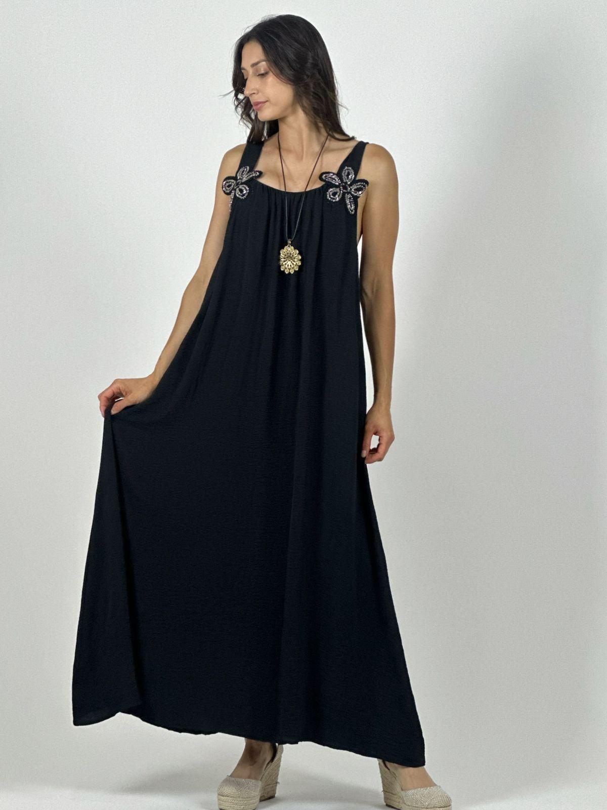 Vestido Crepé Tirantes Con Flores Brillantes