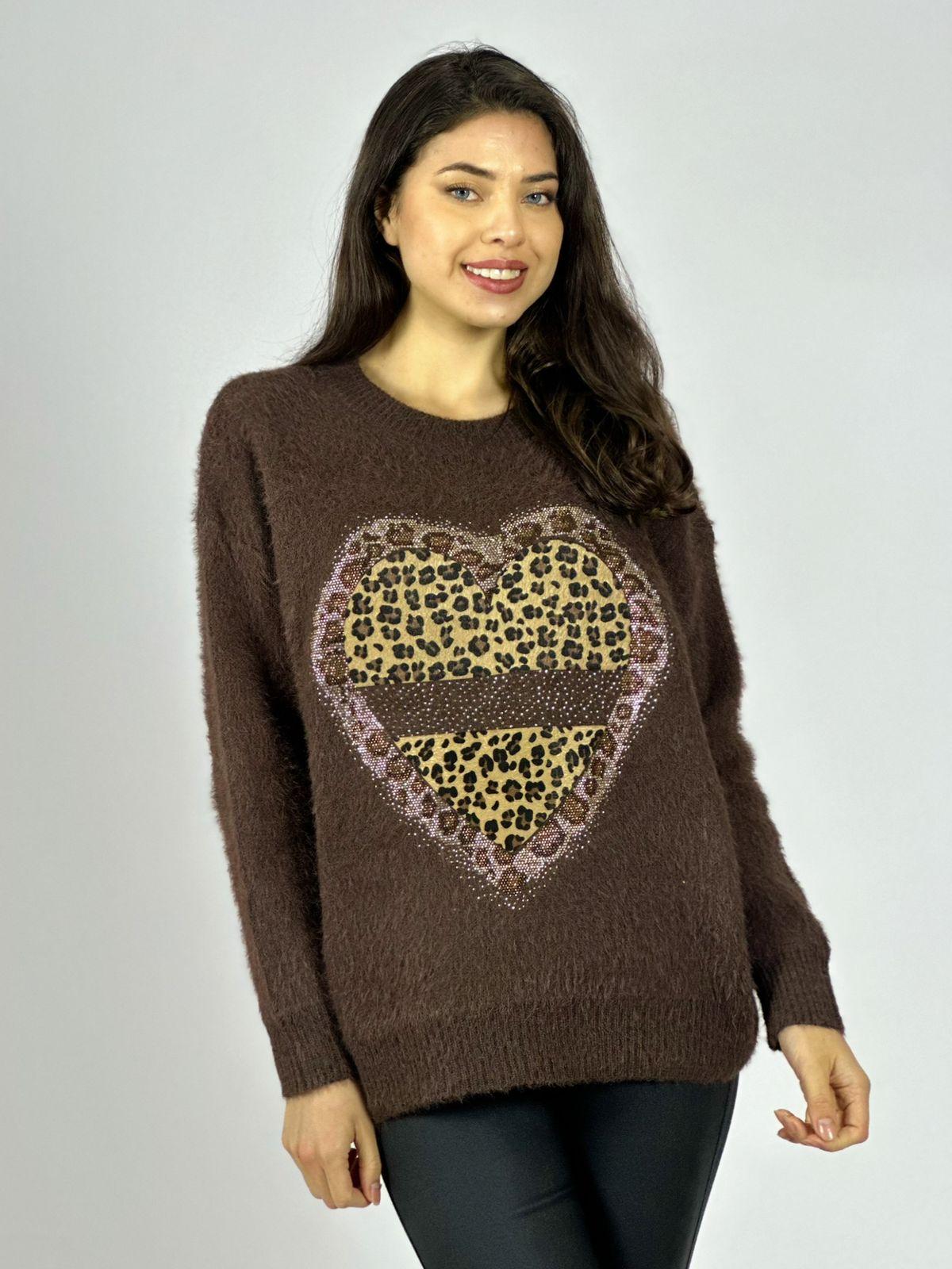 Sweater Cashmere Corazón Print con Brillos
