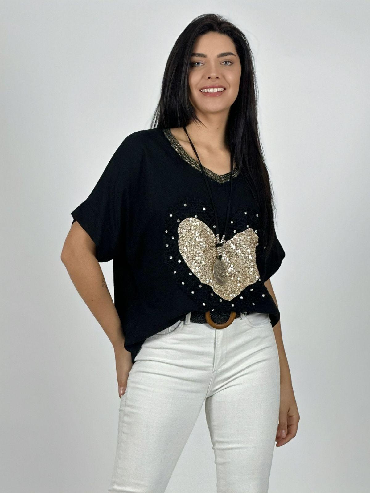 Polera Lino Corazón Brillos y Broderi