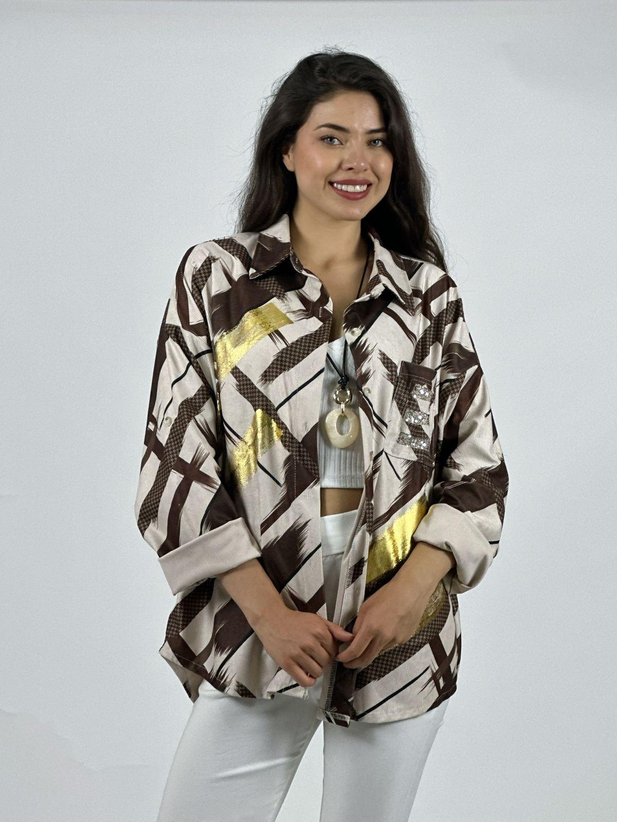 Camisa Cotelé Líneas y Brillos Cruzados