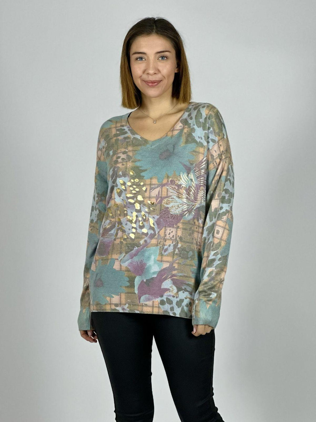 Sweater Cuello V Flores y Print