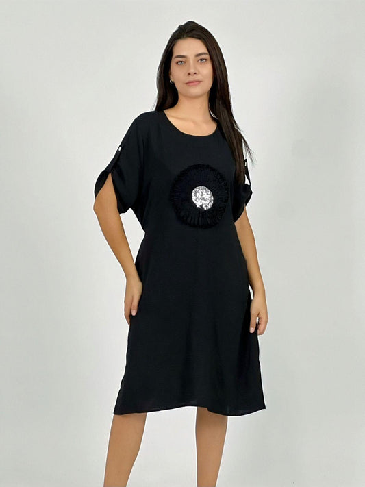 Vestido Crepe Holgado Circulo con Brillo