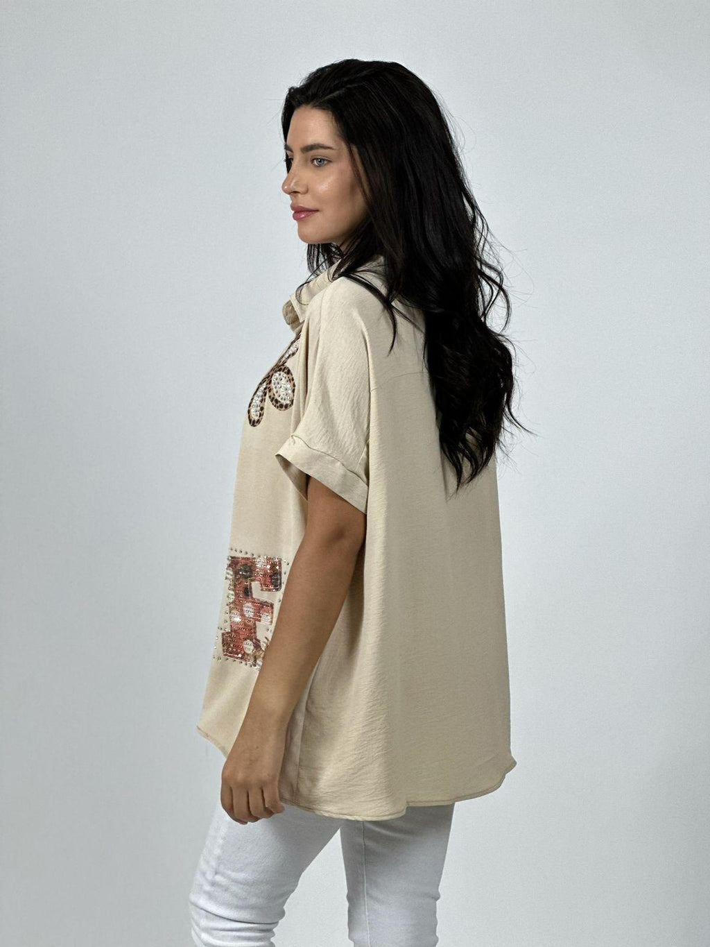 Blusa Crepé Love Print Chic con Brillos