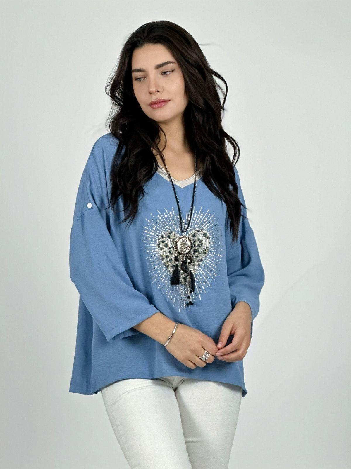 Polera Lino Corazon Print Con Brillos