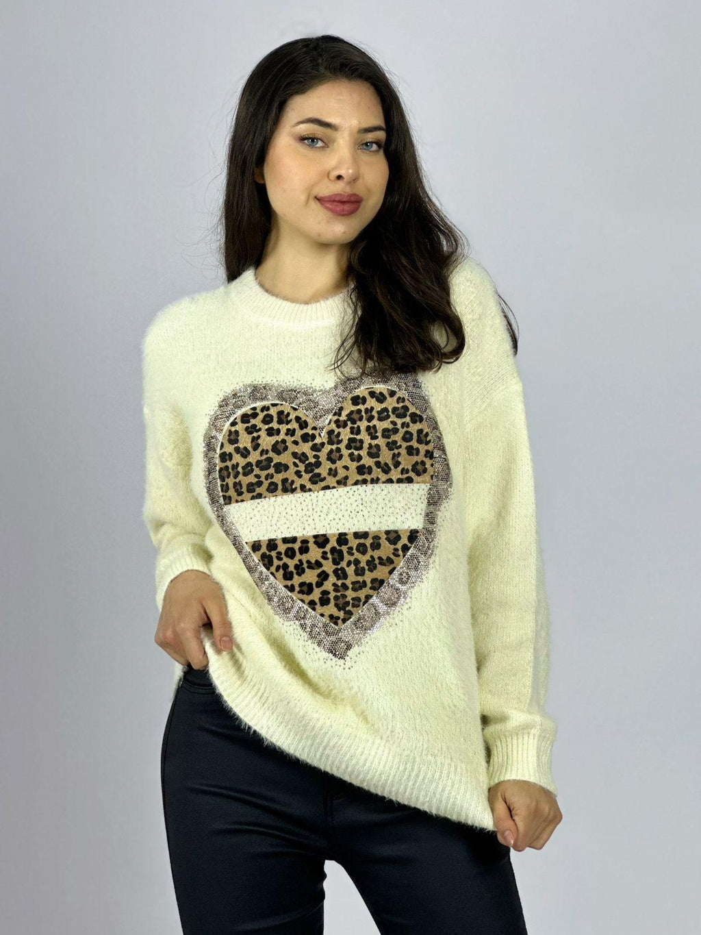 Sweater Cashmere Corazón Print con Brillos