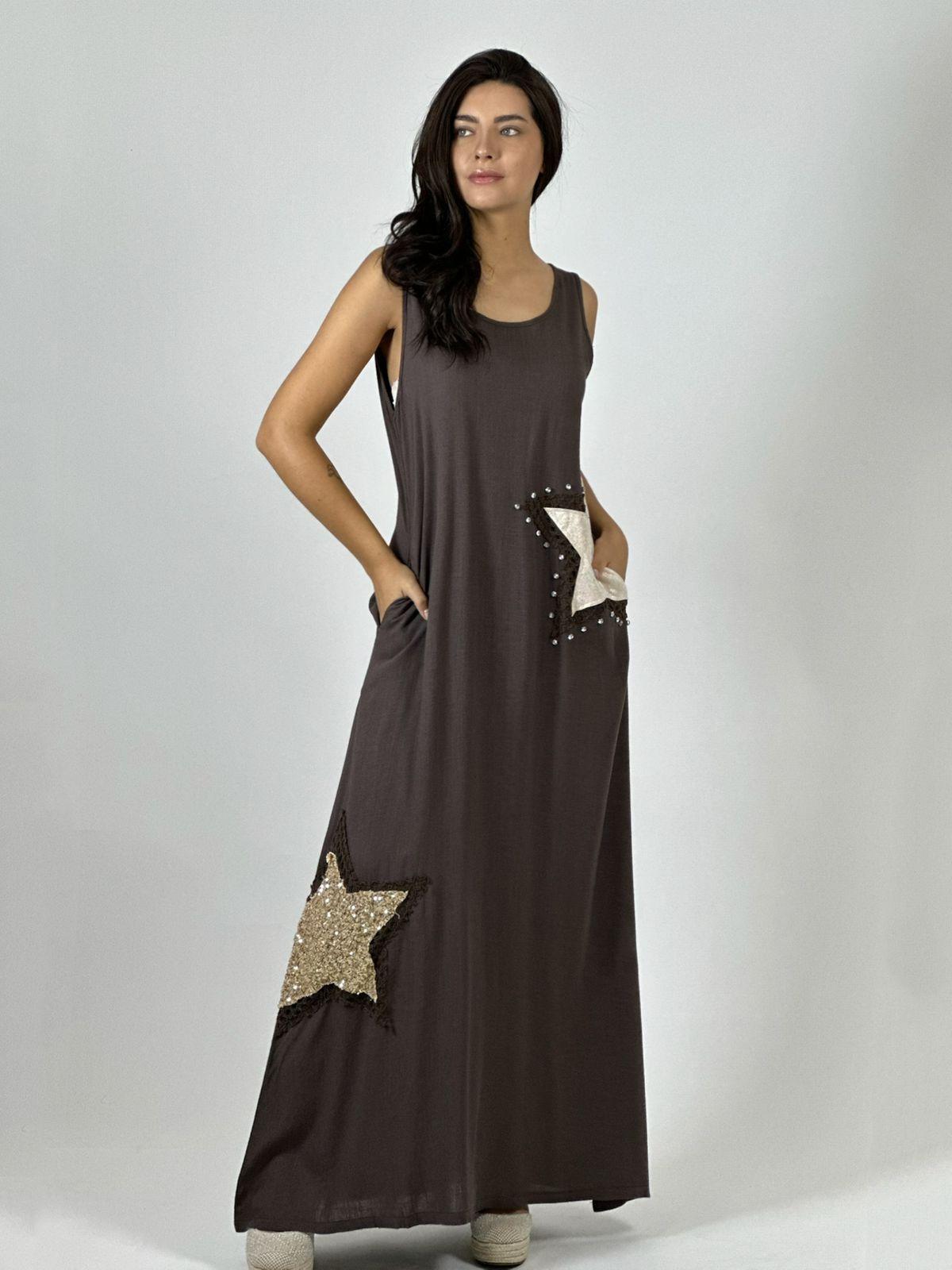 Vestido Lino Estrellas Tejidas con Brillos