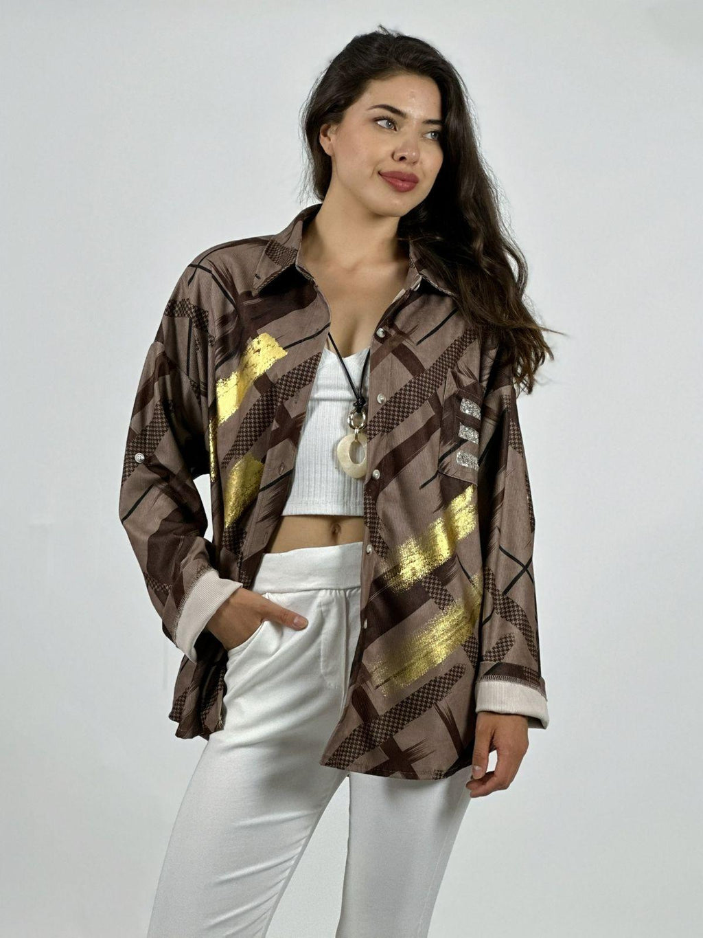 Camisa Cotelé Líneas y Brillos Cruzados