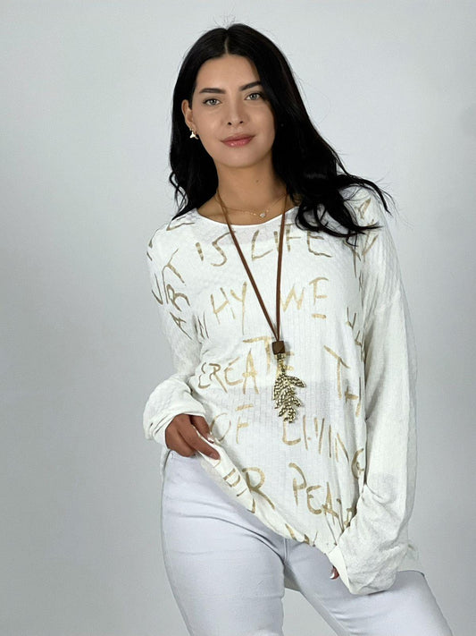 Sweater Spandex Letras Doradas Cuello V