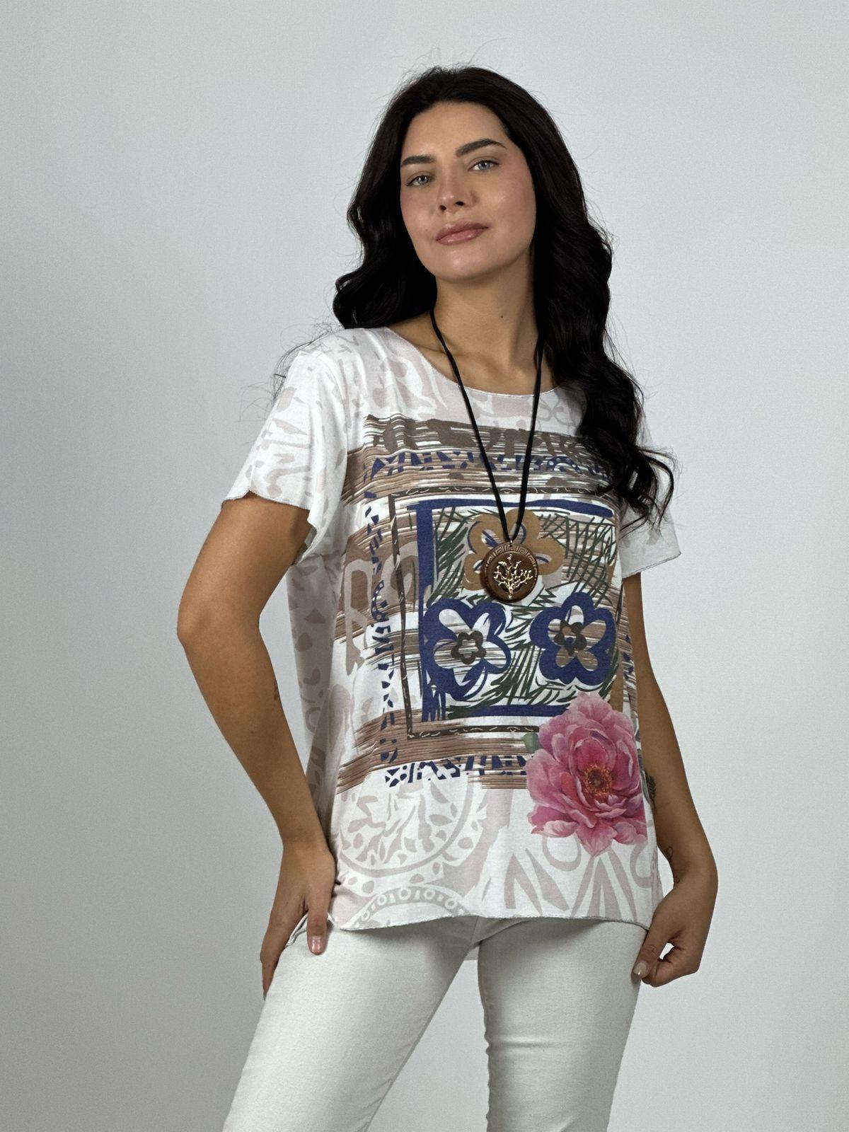 Polera Algodón Cuadro Abstracto Rosas