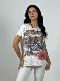 Polera Algodón Cuadro Abstracto Rosas