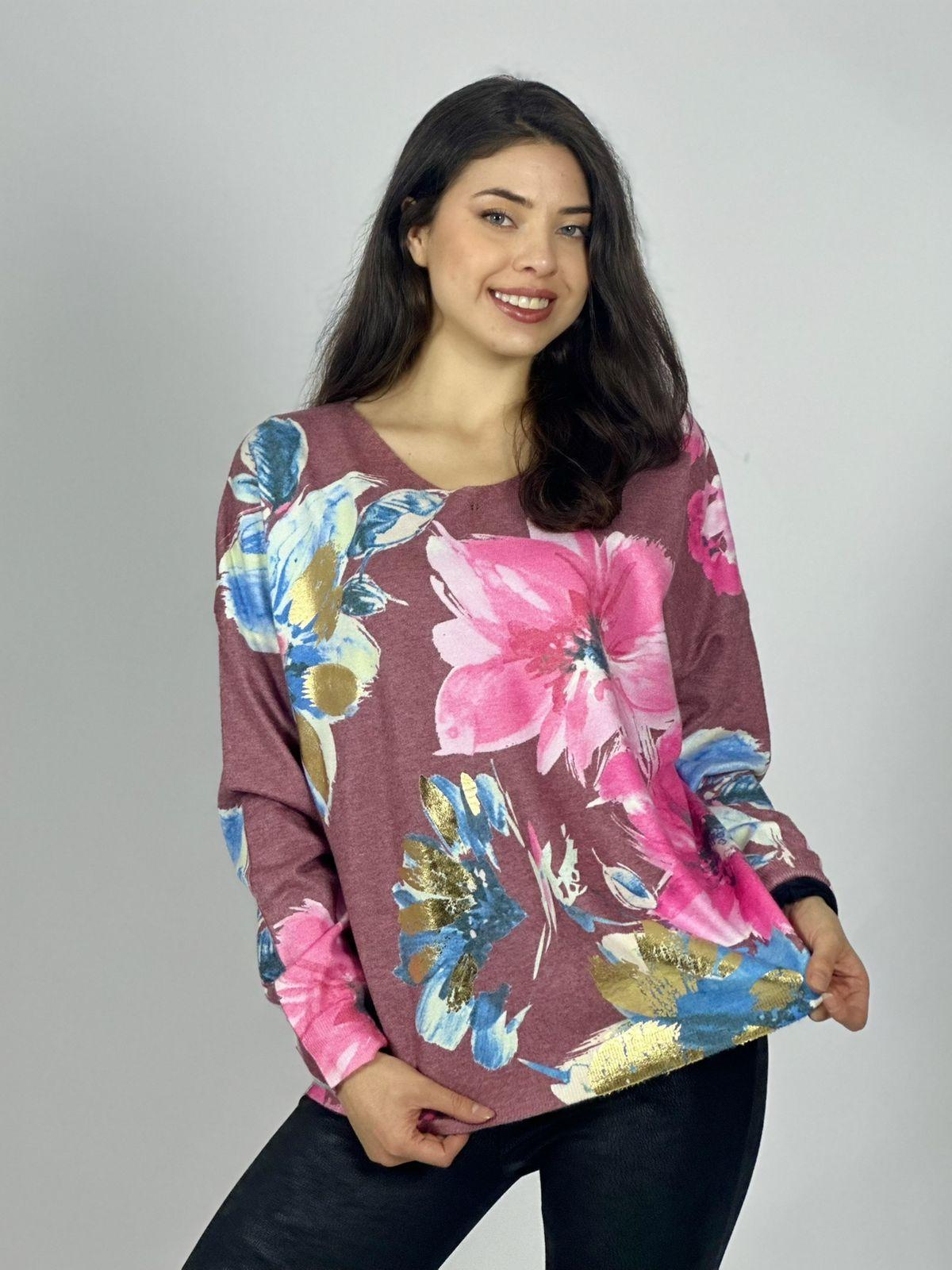 Sweater Spandex Estampado Floral con Brillo