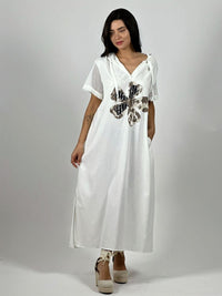 Vestido Largo Crepé Flor Brillos