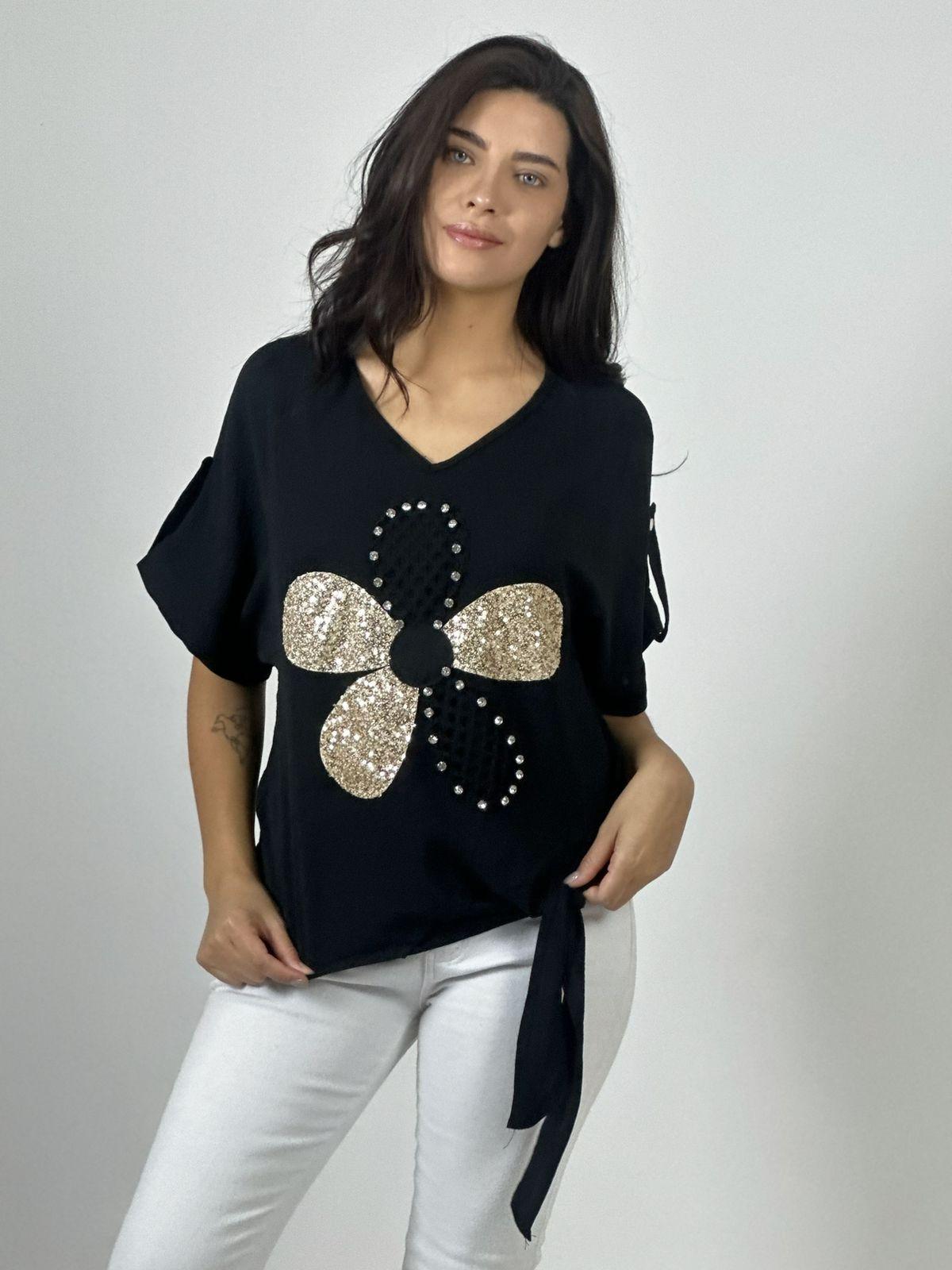 Polera Crepé Flor y Dorso Tejido