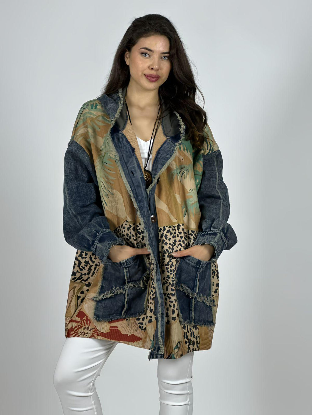 Abrigo Italiano Lana/Mezclilla Hojas y Leopardo