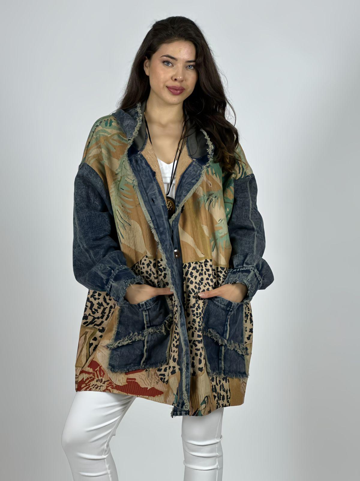 Abrigo Italiano Lana/Mezclilla Hojas y Leopardo