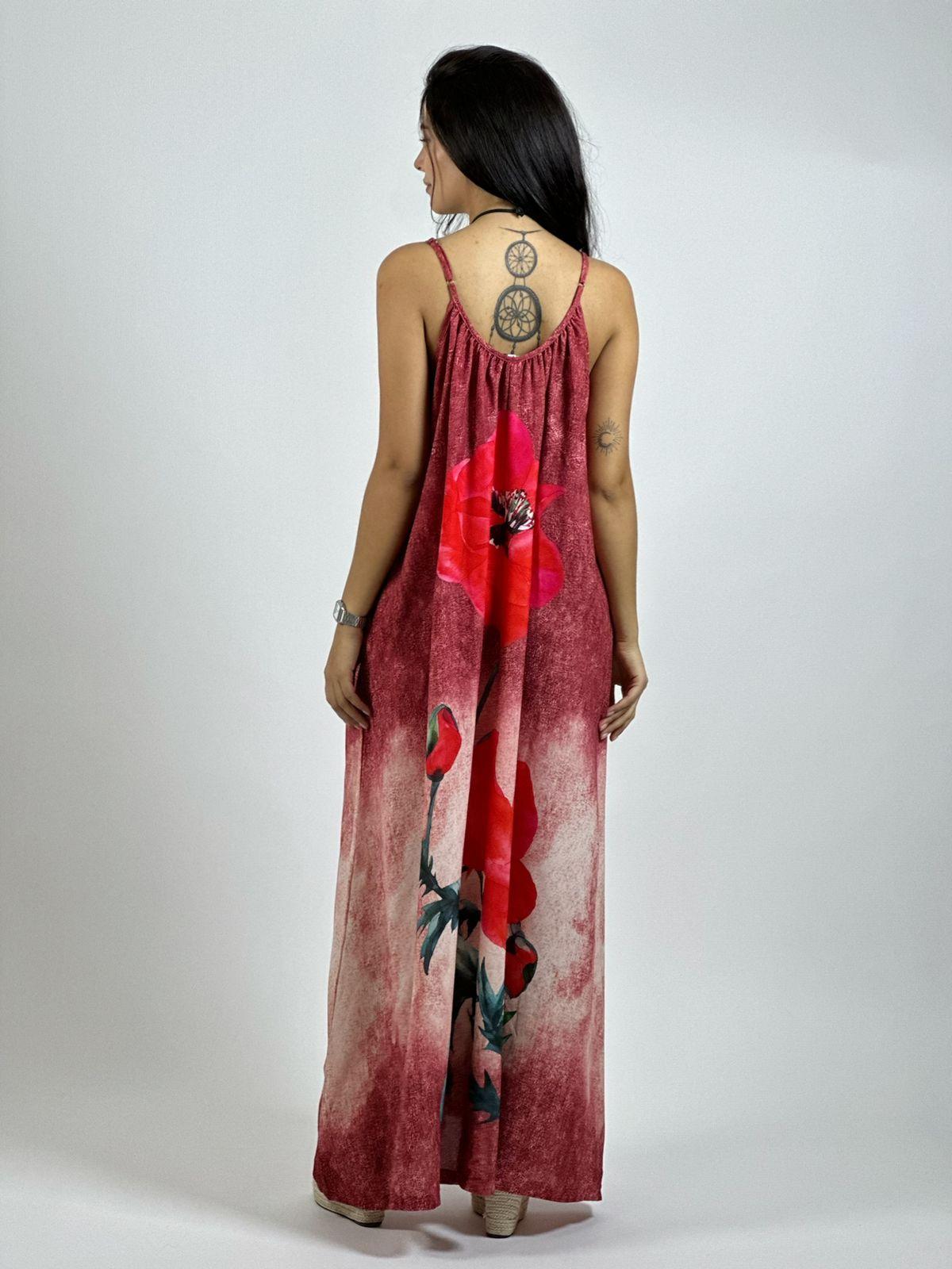 Vestido Mezclilla Delgada Con Flores Cayena