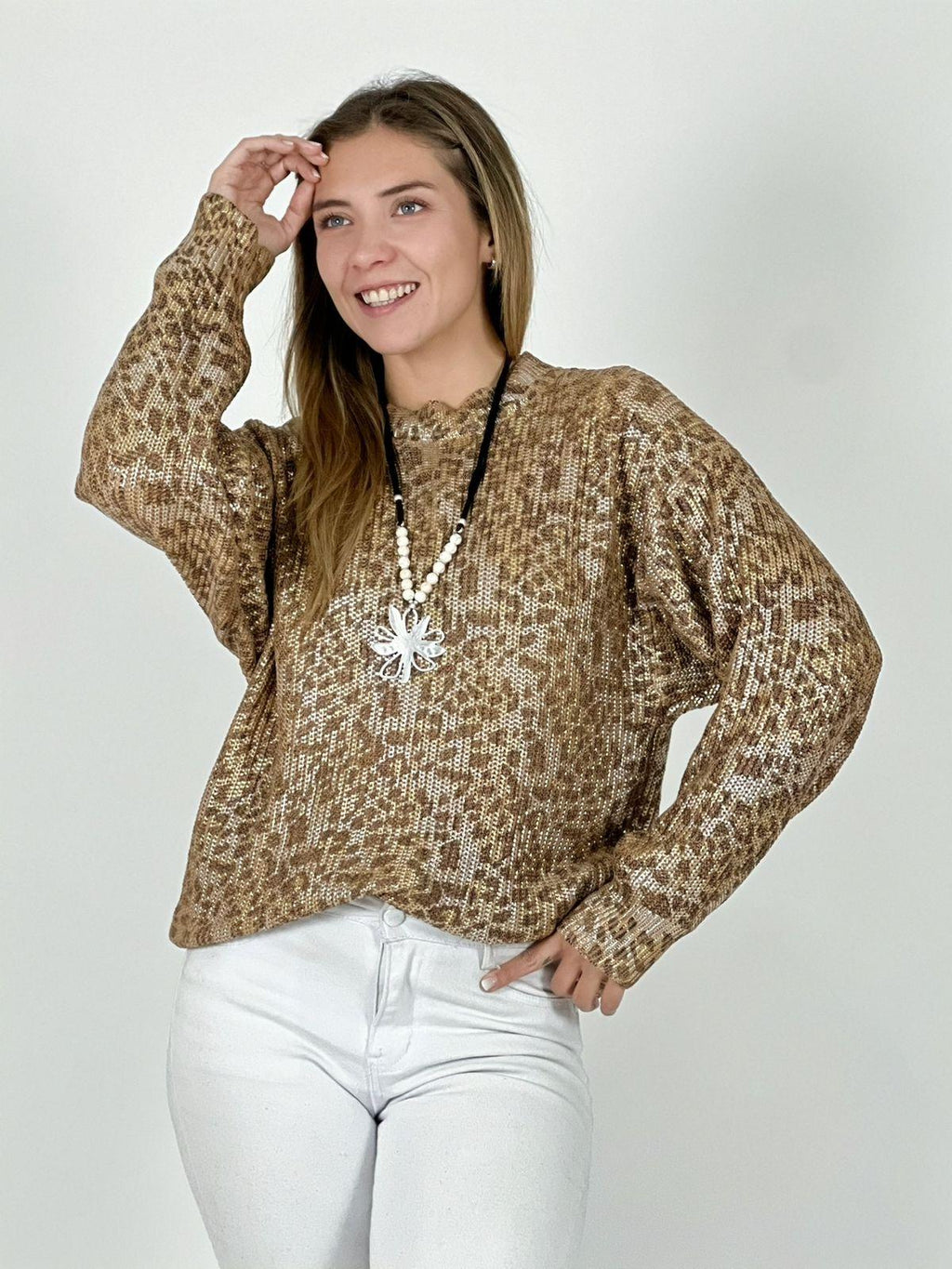 Sweater de Hilo Estampado Print con Brillos