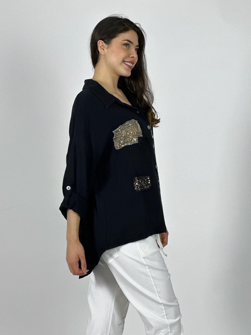 Blusa Italiana Cuadros Y Letras Brillantes