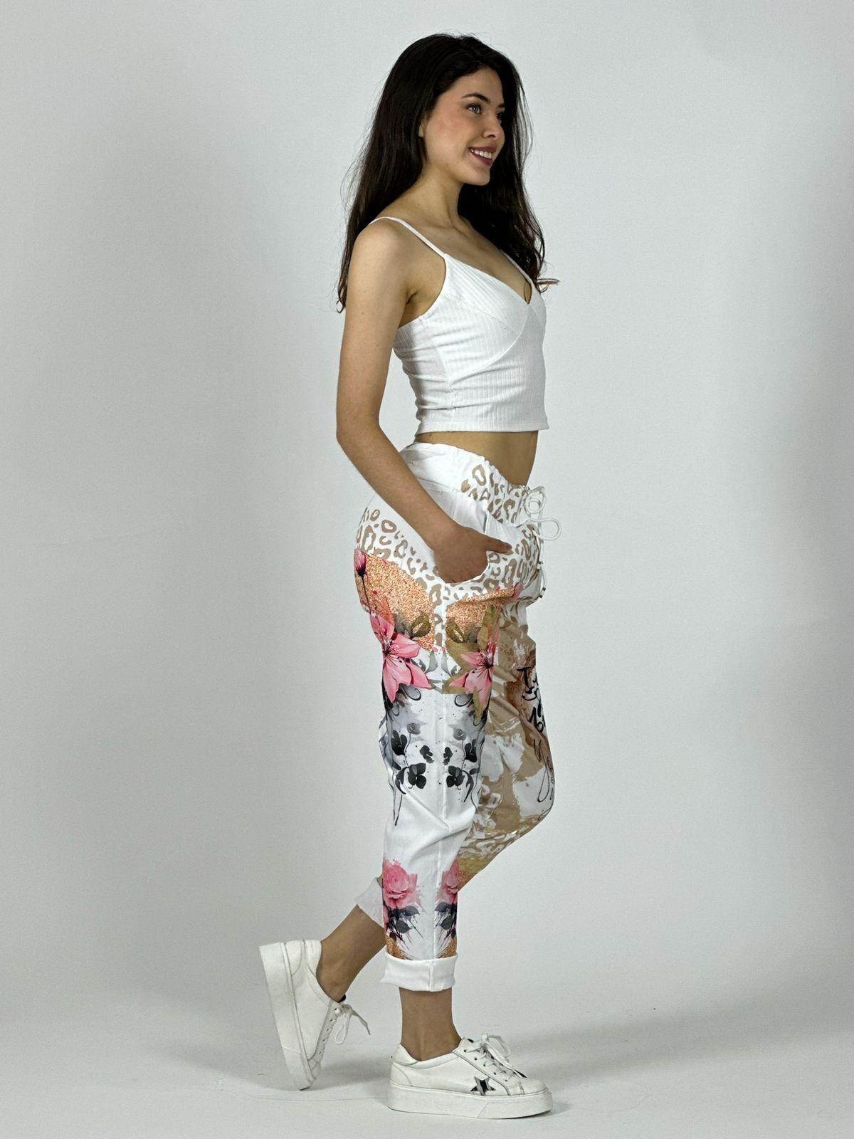 Jogger Italiano Viscosa Flores Print Letras