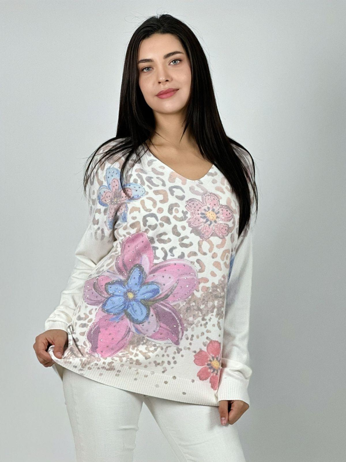 Sweater Spandex Print Con Flores y Brillos