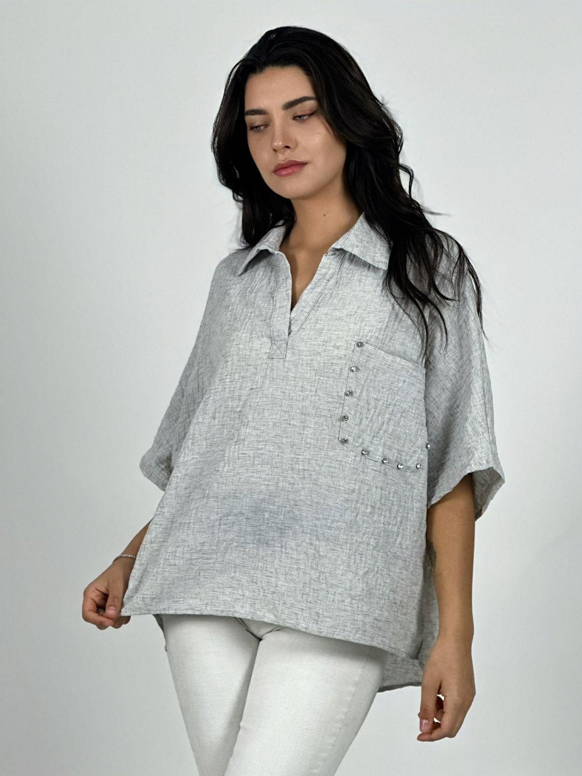 Blusa Lino Bolsillo con Brillos