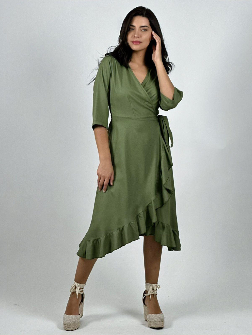 Vestido Lino Amarre Cruzado Con Vuelos