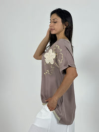 Polera Lino Flor Tejida Lineas Doradas