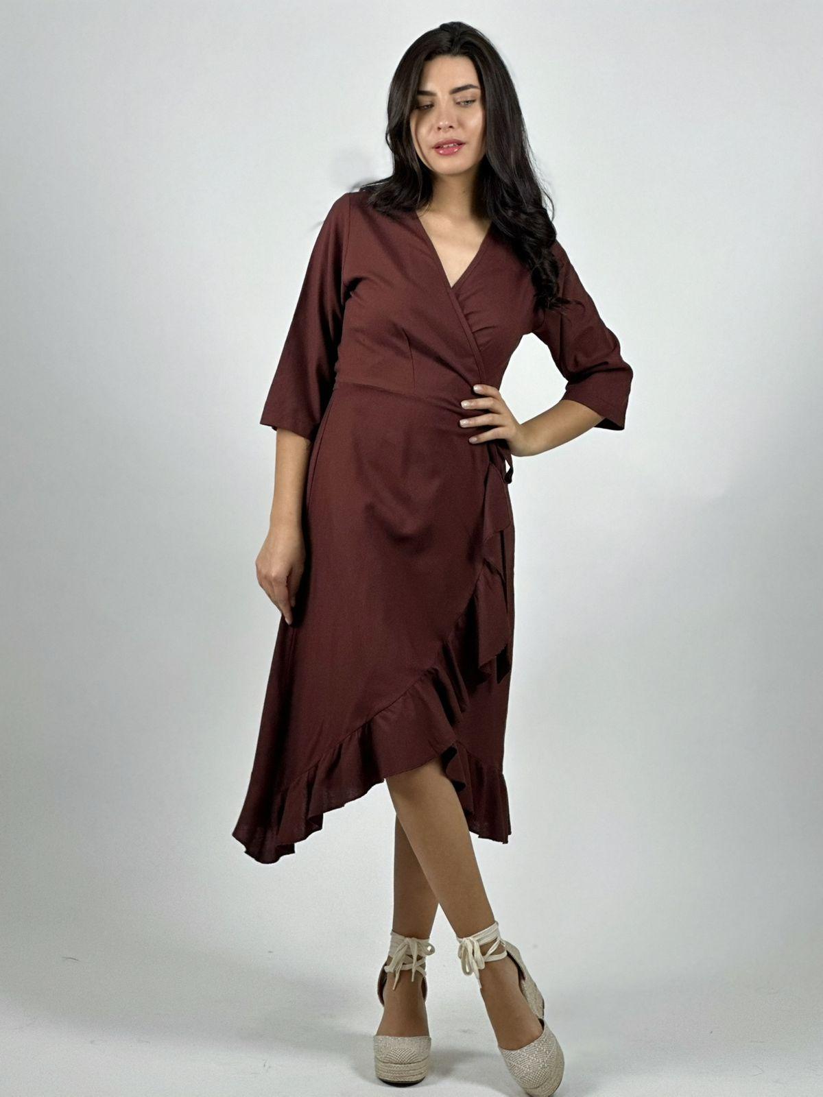 Vestido Lino Amarre Cruzado Con Vuelos