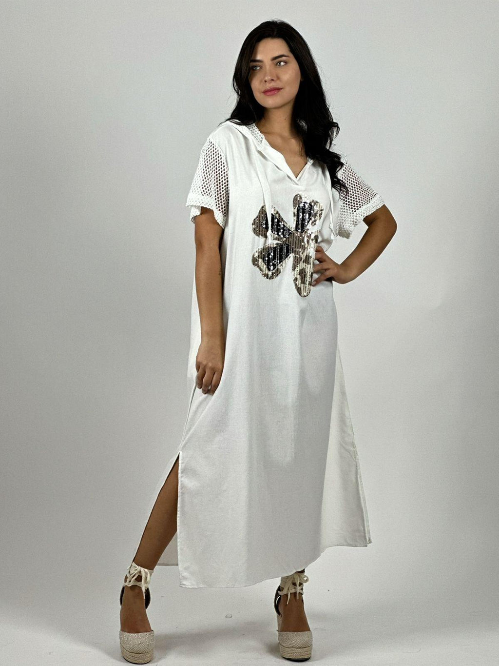 Vestido Largo Crepé Flor Brillos