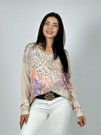 Sweater Spandex Print Con Flores y Brillos