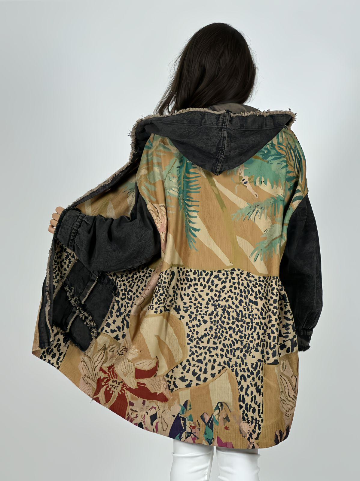 Abrigo Italiano Lana/Mezclilla Hojas y Leopardo