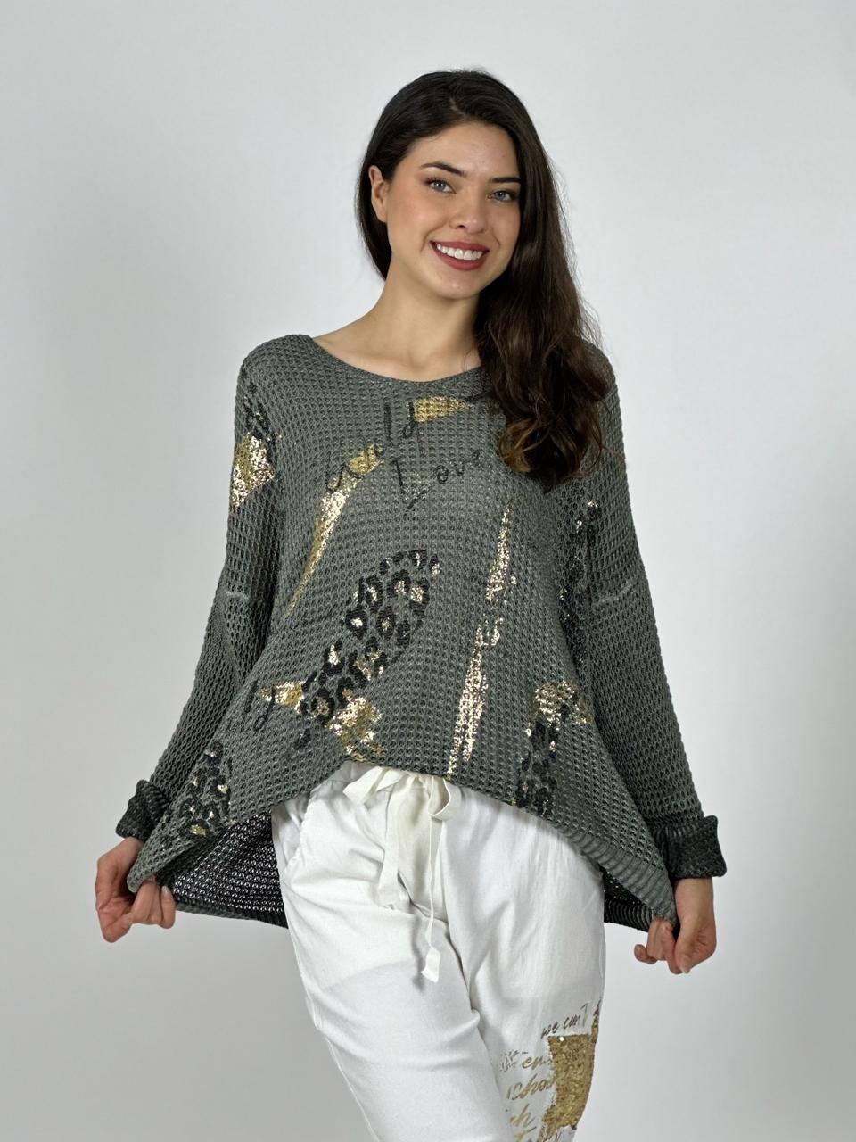 Sweater Tejido Italiano Flores Brillos y Letras