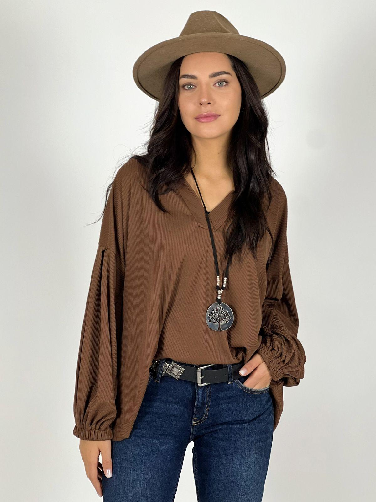 Blusa Cuello V Mangas Globo