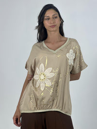 Polera Lino Flor Tejida Lineas Doradas