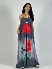 Vestido Mezclilla Delgada Con Flores Cayena