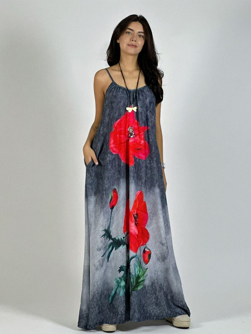 Vestido Mezclilla Delgada Con Flores Cayena