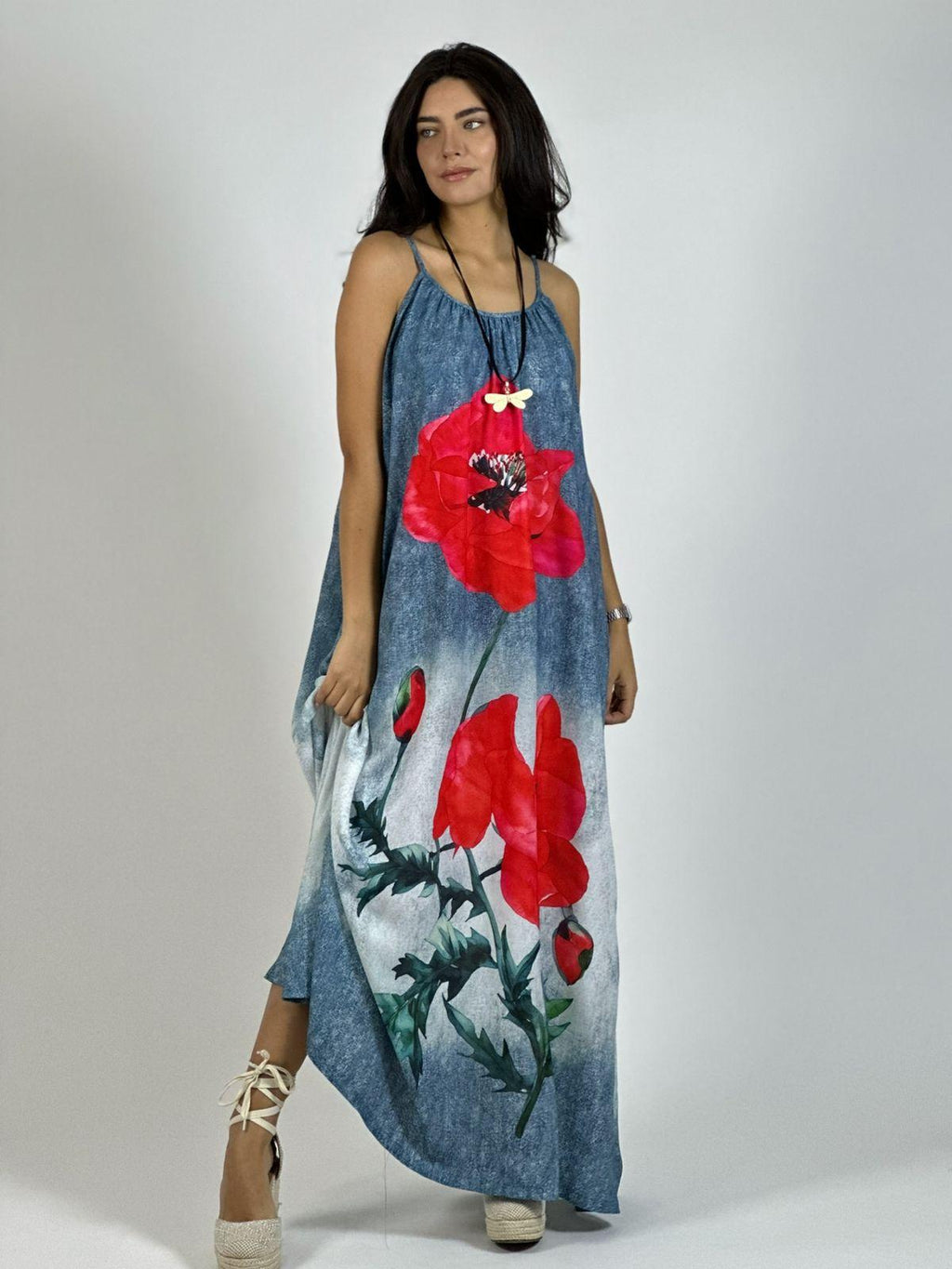 Vestido Mezclilla Delgada Con Flores Cayena