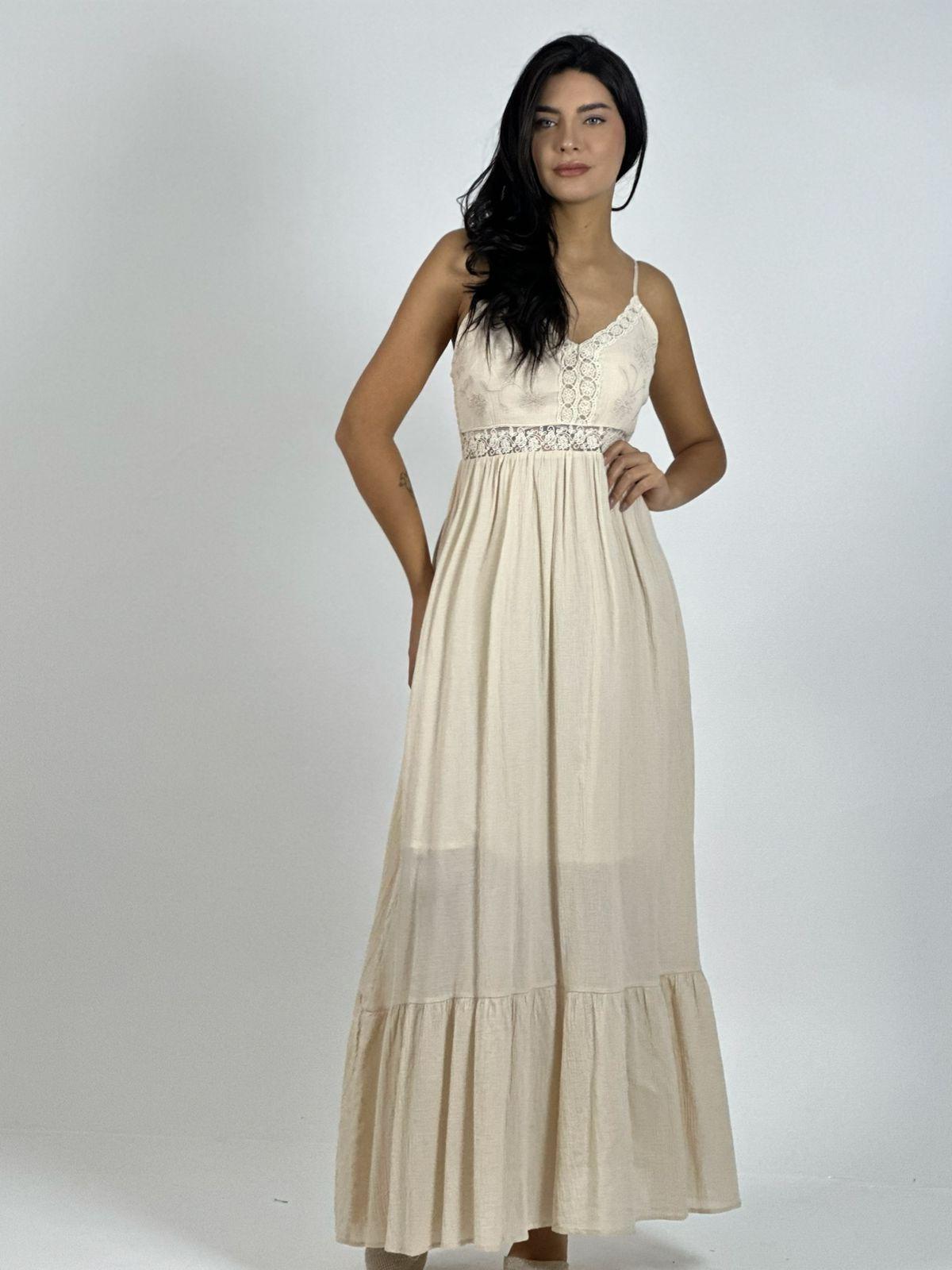 Vestido Crepé Torso Encaje